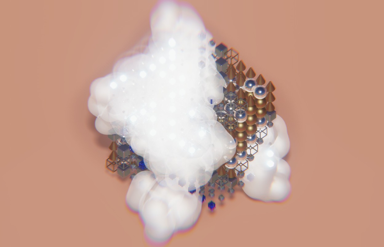 Different shapes in gold, silver and blue under foam and bubbles. Procedurally made in Unity using HDRP.